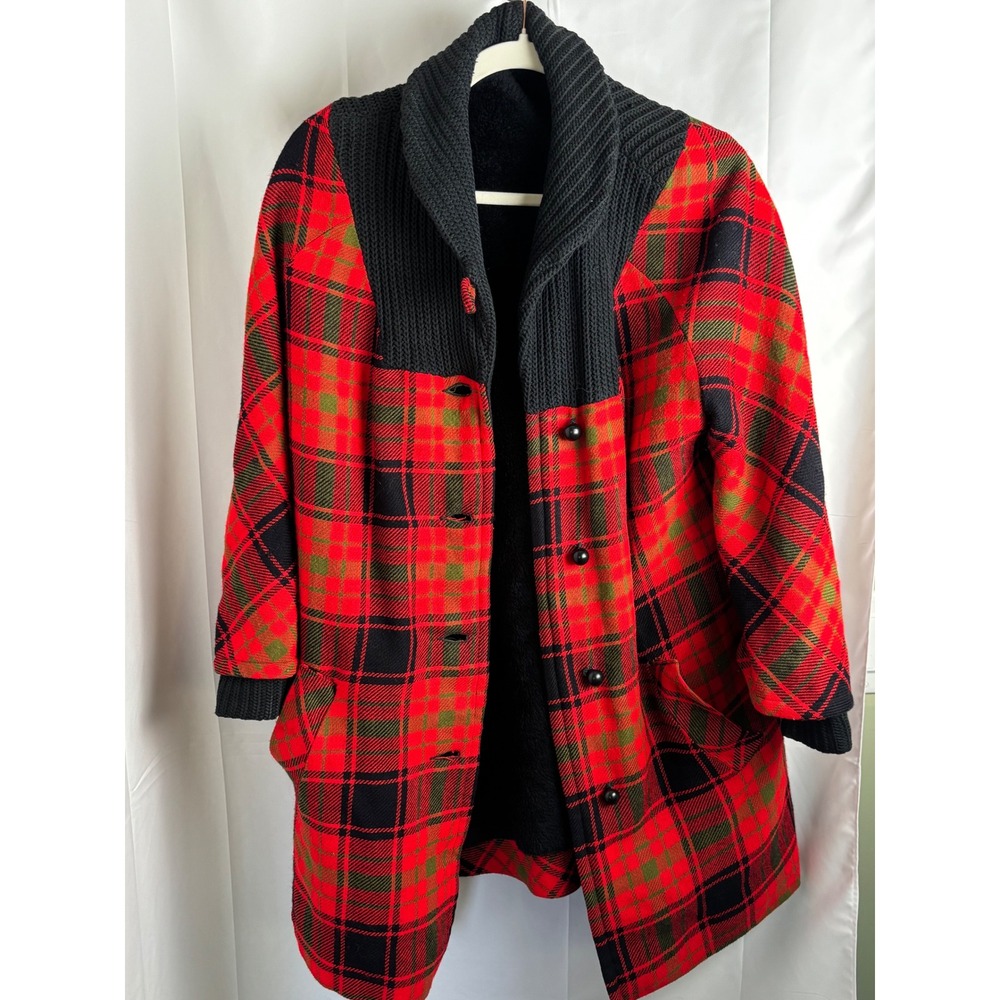 Vintage Plaid Wool Blend Coat Red Black Faux Fur Lined Knit‎ Shawl Collar Womens